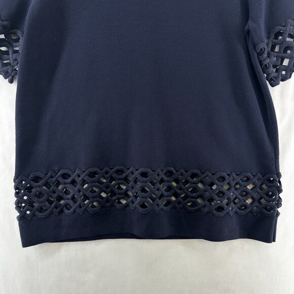 Ann Taylor Top and Skirt Set Womens LP Laser Cut Trim Stretchy Knitted Navy Blue - Picture 6 of 16